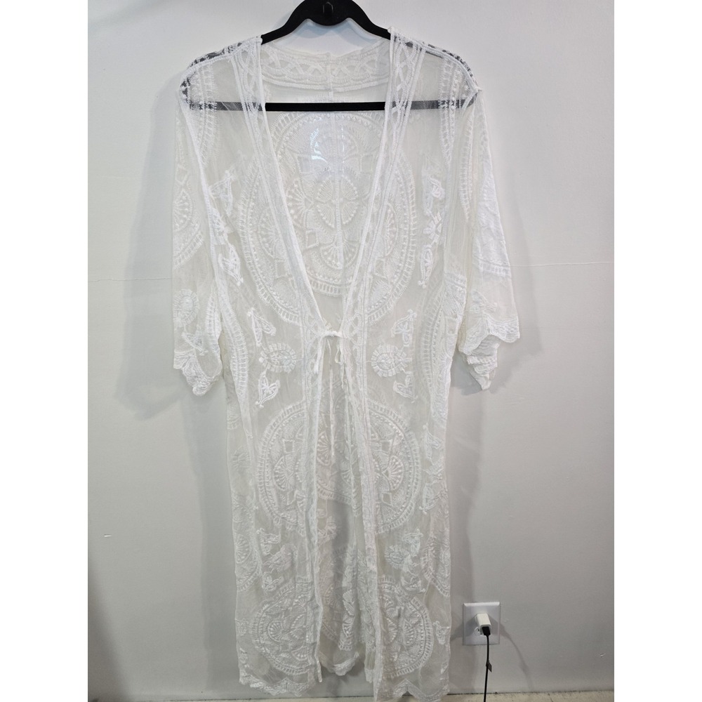 White Lace Kimono Cover Up Sheer Boho Duster Cardigan Festival Beach Size M/L
